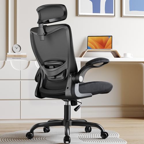 ErGear Ergonomic Desk Chair, Office Chair with 2'' Adjustable Lumbar Support, Computer Chair with Flip-Up Armrests & Headrest, High Back Office Desk Chair with 4'' Thicken Seat for Home Office, Black