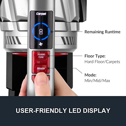 EUREKA Lightweight Cordless Vacuum Cleaner with LED Headlights, 450W Powerful BLDC Motor Convenient Stick and Handheld Vac, Removable Multi-Flooring, Altitude Deluxe + Extra Battery, Red