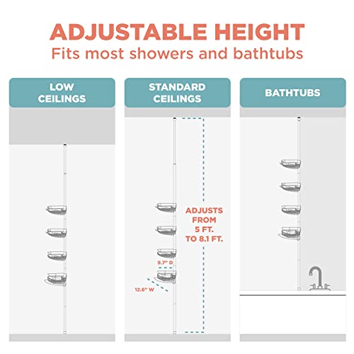 Zenna Home Rust-Resistant Corner Shower Caddy for Bathroom, 4 Adjustable Shelves with Towel Bar and Hooks, with Tension Pole, for Bath and Shower Storage, 60-97 Inch, Bronze