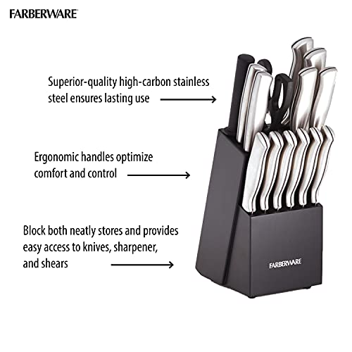 Farberware 5152497 15-Piece High-Carbon Stamped Stainless Steel Kitchen Knife Set with Wood Block, Steak Knives, Razor-Sharp, Black