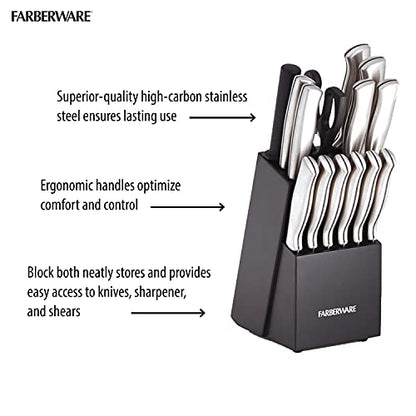 Farberware 5152497 15-Piece High-Carbon Stamped Stainless Steel Kitchen Knife Set with Wood Block, Steak Knives, Razor-Sharp, Black