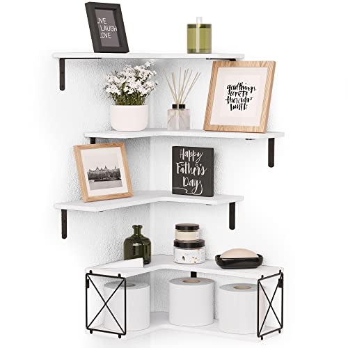 RICHER HOUSE 5-Tier Corner Floating Shelves Set of 5,White Corner Shelves for Wall Storage, L-Shaped Corner Wall Mounted Shelf for Bedroom, Living Room, Bathroom, Kitchen - White