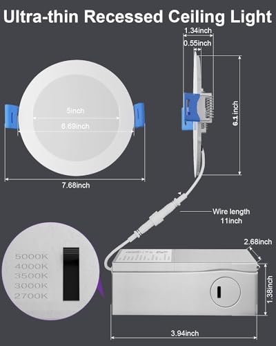 luckystyle 12 Pack 6 Inch 5CCT Ultra-Thin Canless LED Recessed Ceiling Light with Junction Box, Selectable 2700K/3000K/3500K/4000K/5000K,12W Eqv 110W, 1050LM Dimmable Wafer Down Light-ETL&FCC