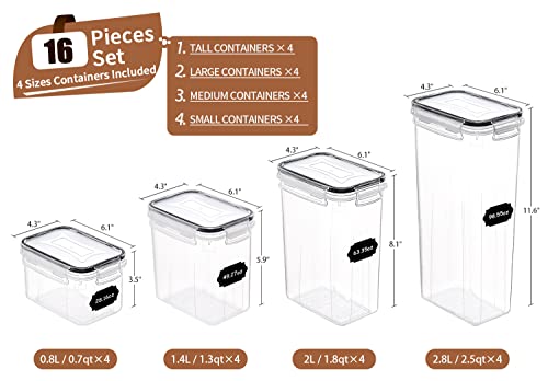 PRAKI Airtight Food Storage Container Set, 16 Pcs BPA Free Plastic Dry Food Canisters for Kitchen Pantry Organization and Storage Ideal for Cereal, Flour & Sugar - Labels, Marker(Black)