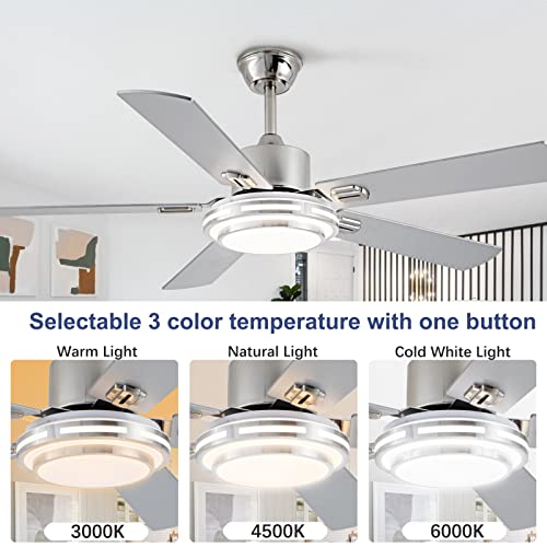 UOJ 52” Ceiling Fans with Lights and Remote Control,Modern Indoor Outdoor Ceiling Fan with 5 Double-sided Wood Blade for Patio,Farmhouse,LivingRoom,Bedroom,Office(silver)