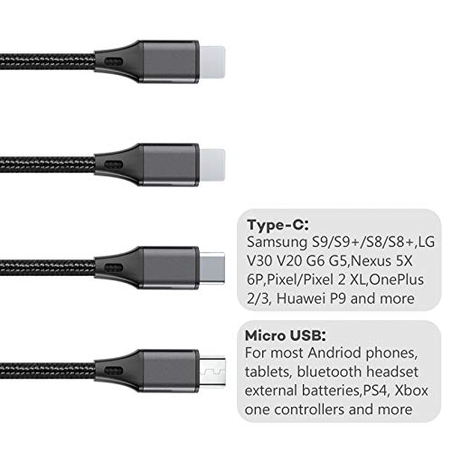 SEIPOG 4 in1 Multi Charger Cable Nylon Braided, 3A 4FT Universal Chargers for All Devices with Type-C/Micro USB Port, USB Charging Cable for All Cell Phones and More (Black, 2Pack)