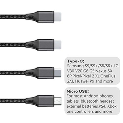 SEIPOG 4 in1 Multi Charger Cable Nylon Braided, 3A 4FT Universal Chargers for All Devices with Type-C/Micro USB Port, USB Charging Cable for All Cell Phones and More (Black, 2Pack)