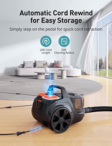 Aspiron Canister Vacuum Cleaner, 1200W Lightweight Bagless Vacuum Cleaner, 3.7QT Capacity, Automatic Cord Rewind, 5 Tools, HEPA Filter, Pet Friendly Vacuum Cleaner for Hard Floors, Pet Hair, Carpet