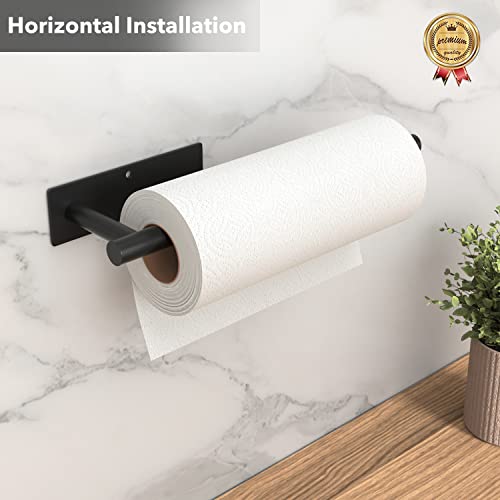 Paper Towel Holder Under Cabinet - Self-Adhesive or Drilling, Matte Black Paper Towel Holder Wall Mount, Towel Rack for Kitchen Organization and Storage, Stainless Steel Kitchen Paper Roll Holder