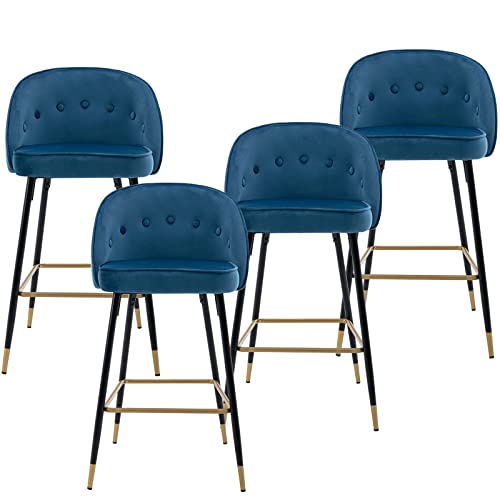 Guyou 30Inch Blue Velvet Bar Stools Set of 4 with Tufted Round Back, Modern Upholstered Kitchen Island High Chairs Barstools with Gold Footrest for Dining Room Kitchen Home Party