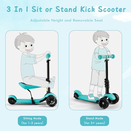 Kids Scooter,Toddler Scooter for Kids 3 Years Old,Adjustable Height and Removable Seat,with 3 LED Wheel Outdoor Activities Birthday Gift for Baby Toddler Boy Girl (Green)