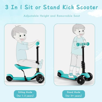 Kids Scooter,Toddler Scooter for Kids 3 Years Old,Adjustable Height and Removable Seat,with 3 LED Wheel Outdoor Activities Birthday Gift for Baby Toddler Boy Girl (Green)