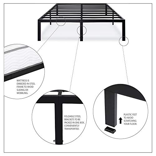 Olee Sleep 18 Inch Heavy Duty Steel Slat Anti-Slip Support, Easy Assembly Platform Bed frame, Noise Free Steel Mattress Foundation, Maximum Storage, No Box Spring Needed, Black, King Size