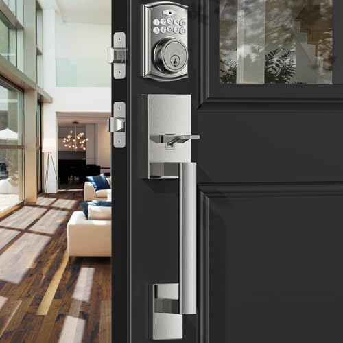Keyless Entry Door Lock with Handle,Brightify Electronic Keypad Deadbolt, Front Door Lock Set keyless Entry - Auto Lock,Backlit,Easy Installationm, Front Door Handle Sets, Satin Nickel Brushed