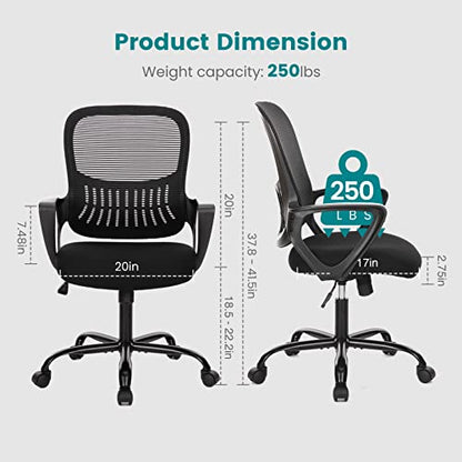 Office Chair Mid Back Computer Chair Ergonomic Mesh Computer Desk Chair with Larger Seat, Executive Height Adjustable Swivel Task Chair with Lumbar Support Armrest for Women Adults