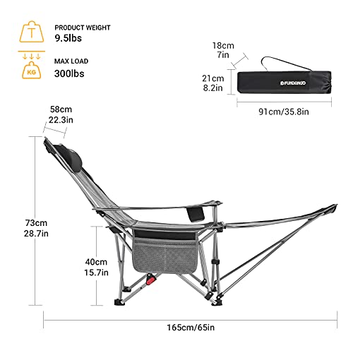 FUNDANGO 2-Pack Reclining Camping Chair with Foot Rest, Portable Mesh Folding Lounge Chairs, Adjustable Chaise Lawn Chair with Headrest, Cup Holder, Storage Bag, for Outdoor Picnics BBQ