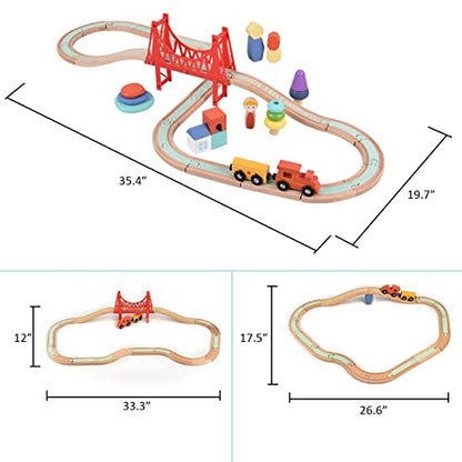 Giant bean Sky City Wooden Train Set for Boys Girls 1 2 3 4, 42 PCS Train Track Set, Railway with Stacking Rings & Rocks Train Accessories, Fits Brio, Melissa & Doug, Thomas and Friends