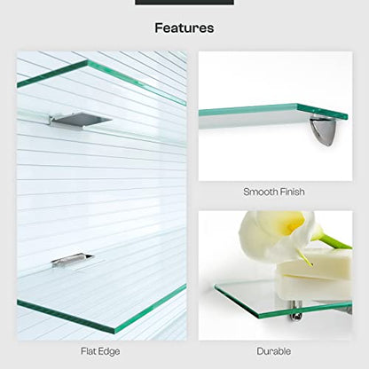 Fab Glass and Mirror Rectangle Floating Glass Shelve, 6"x18" Inches, 3/8 Thick Clear Glass with Flat Polished Edge-‎Easy Installation with Screws, and Peacock Chrome Finish Brackets