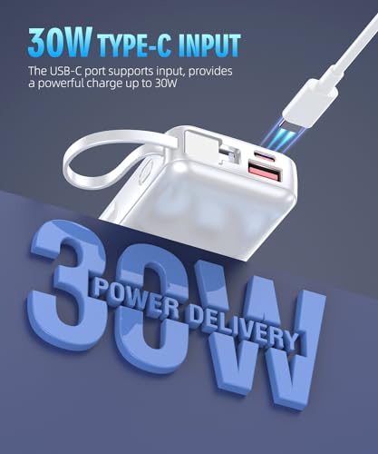 LOVELEDI Power Bank, Portable Charger, 15000mAh PD 30W Fast Charging, Built in Type-C and iOS Output Cables Equipped with LED Display for iPhone Series and Most Electronic Devices(White)