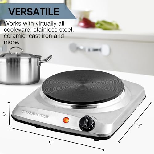 OVENTE Electric Countertop Single Burner, 1000W Cooktop with 7.25 Inch Cast Iron Hot Plate, 5 Level Temperature Controls, Compact Cooking Stove and Easy to Clean Stainless Steel Base, Silver BGS101S