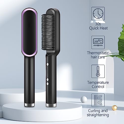 Hair Straightener Brush 30s Fast Heating Anti-Scald,Negative Ion Styling Comb, 2 in 1 Hair Straightener Brush and Curler with 5 Temp, Portable Electric Straightening Comb Heated Hair Brush(Black)