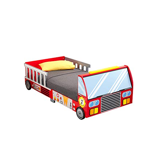 KidKraft Fire Truck Wooden Toddler Bed with Guard Rails, Children's Furniture - Red, Gift for Ages 15 mo+