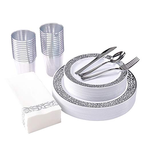 175 Piece Silver Dinnerware Set 25 Guest-50 Silver Lace Plastic Plates-25 Silver Plastic Silverware-25 Silver Plastic Cups-25 Linen Like Silver Paper Napkins, FOCUSLINE Disposable Dinnerware Set