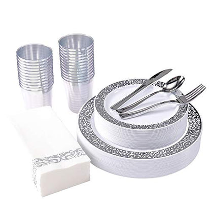 175 Piece Silver Dinnerware Set 25 Guest-50 Silver Lace Plastic Plates-25 Silver Plastic Silverware-25 Silver Plastic Cups-25 Linen Like Silver Paper Napkins, FOCUSLINE Disposable Dinnerware Set