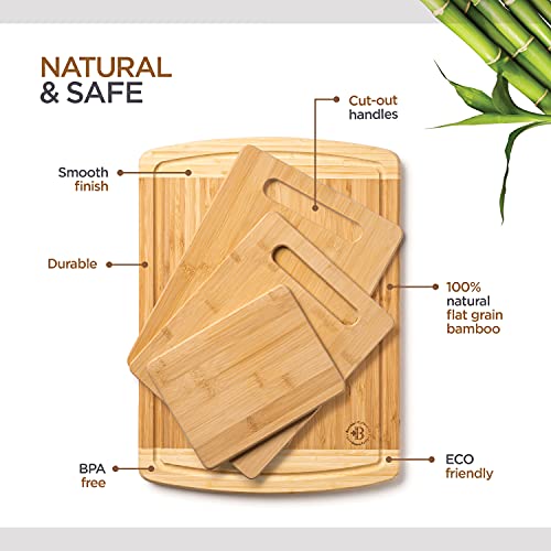 Bamboo Cutting Board Set of 4 - Kitchen Chopping Boards with Juice Groove for Meat, Cheese and Vegetables - Large Natural Wood Butcher Block, Cheese Board & Charcuterie Board