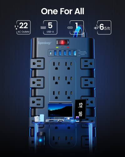 Power Strip, SUPERDANNY Surge Protector with 22 AC Outlets and 6 USB Charging Ports, 1875W/15A, 2100 Joules, 6.5Ft Flat Plug Heavy Duty Extension Cord for Home, Office, Dorm, Gaming Room, Black