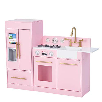 Teamson Kids Little Chef Charlotte 2-Piece Modular Wooden Play Kitchen with Icemaker and Ample Storage, Pink with Gold Hardware