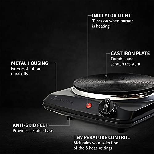 OVENTE Electric Countertop Single Burner, 1000W Cooktop with 7.25 Inch Cast Iron Hot Plate, 5 Level Temperature Controls, Compact Cooking Stove and Easy to Clean Stainless Steel Base, Black BGS101B