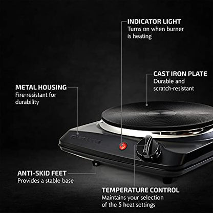 OVENTE Electric Countertop Single Burner, 1000W Cooktop with 7.25 Inch Cast Iron Hot Plate, 5 Level Temperature Controls, Compact Cooking Stove and Easy to Clean Stainless Steel Base, Black BGS101B