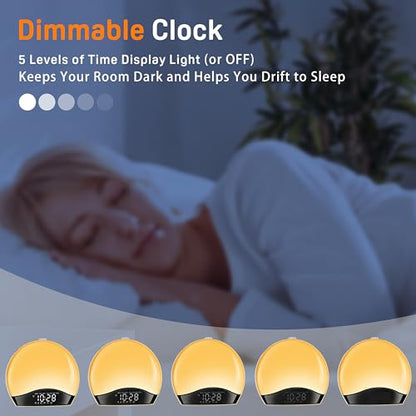 Wake Up Light Sunrise Alarm Clock for Kids, Heavy Sleepers, Bedroom, Bluetooth Speaker Sound Machine with 22 Natural Sounds, White Noise, Dual Alarms, FM Radio, 17 Color Night Lights, Ideal for Gift