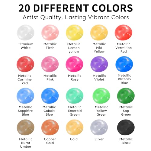 Metallic Acrylic Paint Set with 12 Brushes, Metallic Acrylic Paint Sets with 20 Colors (60ml, 2oz), Acrylic Paint Set for Artists, Beginners on Rocks, Canvas, Wood, Fabric