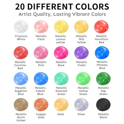 Metallic Acrylic Paint Set with 12 Brushes, Metallic Acrylic Paint Sets with 20 Colors (60ml, 2oz), Acrylic Paint Set for Artists, Beginners on Rocks, Canvas, Wood, Fabric