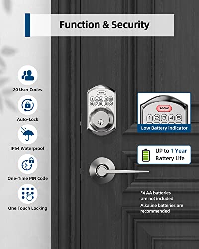 TEEHO TE001L Keyless Entry Door Lock with 2 Handles - Electronic Keypad Deadbolt with Door Lever, Front Door Handle Sets, Auto Lock, Easy Installation, Satin Nickel