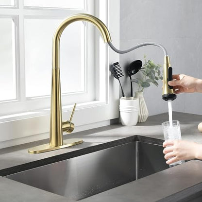 UPDATE: SOLD OUT! Kitchen Faucet with Pull Down Sprayer: Kitchen Sink Faucet, 4 Modes Sprayer Kitchen Faucet with Sprayer for Farmhouse Camper Laundry Utility RV Wet Bar, Brushed Gold
