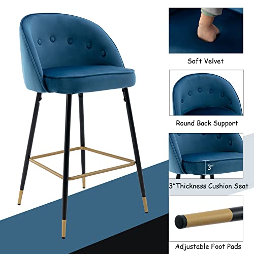 Guyou 30Inch Blue Velvet Bar Stools Set of 4 with Tufted Round Back, Modern Upholstered Kitchen Island High Chairs Barstools with Gold Footrest for Dining Room Kitchen Home Party