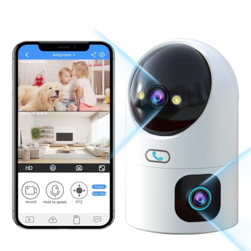JOOAN Dual Lens 5G Security Camera, 2Kx2 Wireless WiFi Indoor Camera with 360° PTZ, Plug in Home Pet Camera for Baby, Motion Detection, One Touch Call, Dual-Screen Display, 2 Way Talk, Work with Alexa