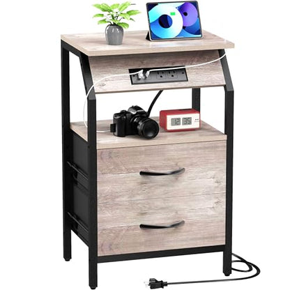 SZLHANJZ Storage End Table, Charging Nightstand with 2 Drawers, Small Fabric Dresser for Bedside, Wood and Metal Side Table for Bedroom, Living Room, Dorm, Grey Oak