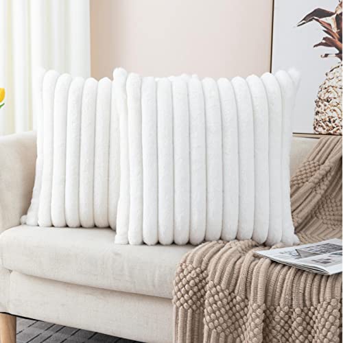 ZLINA Set of 2 Faux Fur Plush Cream White Throw Pillow Covers Fluffy Striped Pillowcase Cushion Covers 16 x 16 Inch Decor Sofa Couch Bedroom
