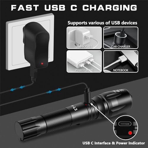 PHIXTON Rechargeable Flashlights High Lumens, 5000 Lumen USB C Chargeable LED Flashlight, Bright Strong Handheld Flash Lights, Long Lasting, Adjustable Focus, 5 Modes, for Emergencies Hiking Gift