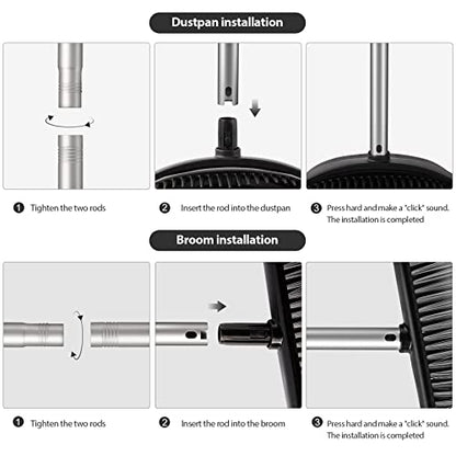Eyliden Broom and Dustpan Set, Broom Dustpan Combo with 52" Long Handle for Lobby Kitchen Room Office Indoor, Dustpan with Broom Set for Home, Floor Use Lobby Dust Pan Sweep Combo Black