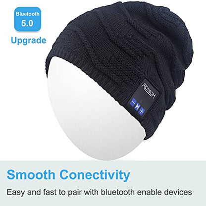 Rotibox Winter Outdoor Sport Trendy Bluetooth Beanie Hat Cap with Wireless Stereo Headphone Headset Earphone Speaker Mic Hands Free Compatible with iPhone Samsung Android Cell Phones - Black