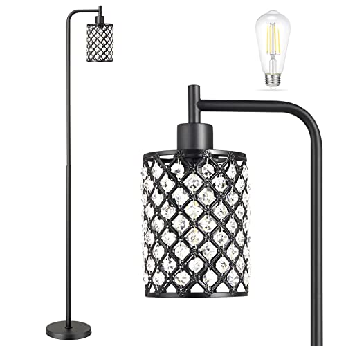 Hong-in Crystal Floor Lamp - Tall Lamp with 6W LED Bulb, Modern Standing Floor Lamps for Living Room with Foot Switch, Black Floor lamp for Bedroom Office Reading Dining Room Kitchen, 64.6 Inch