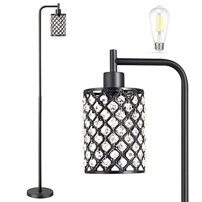 Hong-in Crystal Floor Lamp - Tall Lamp with 6W LED Bulb, Modern Standing Floor Lamps for Living Room with Foot Switch, Black Floor lamp for Bedroom Office Reading Dining Room Kitchen, 64.6 Inch