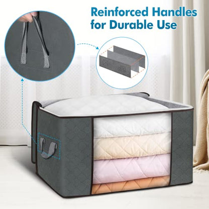 90L Large Storage Bags, 6 Pack Clothes Storage Bins Foldable Closet Organizer Storage Containers with Durable Handles Thick Fabric for Clothing, Blanket, Comforters, Bed Sheets, Pillows and Toys (Gray)