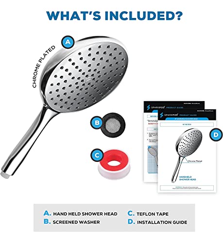 SparkPod Handheld Shower Head - 6 - Inch Round Shower Head - Rainfall Experience - Tool-Free Installation - Without Bracket or Hose - Pressure Shower Head Luxury Polished Chrome - Pet Friendly Shower
