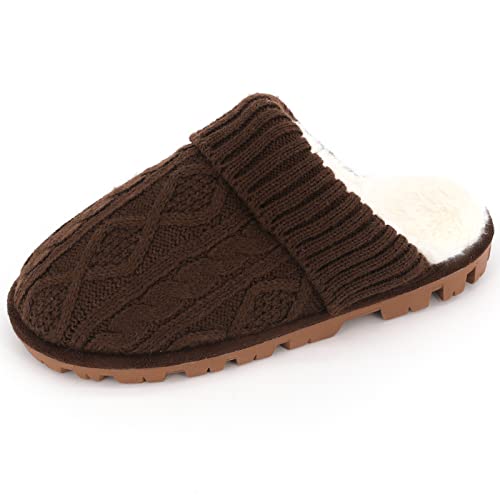 Footsuite Women's Knitted Memory Foam Scuff Mule Slipper with Faux Fur Lining, Slip-on Outdoor Indoor House Shoes(Coffee, 9-10)